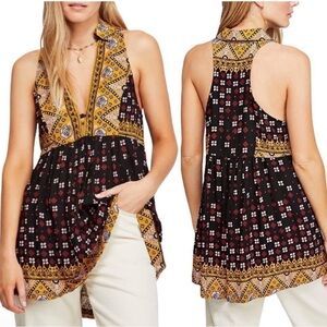 Free People Yellow and Black Floral Patterned Fabric